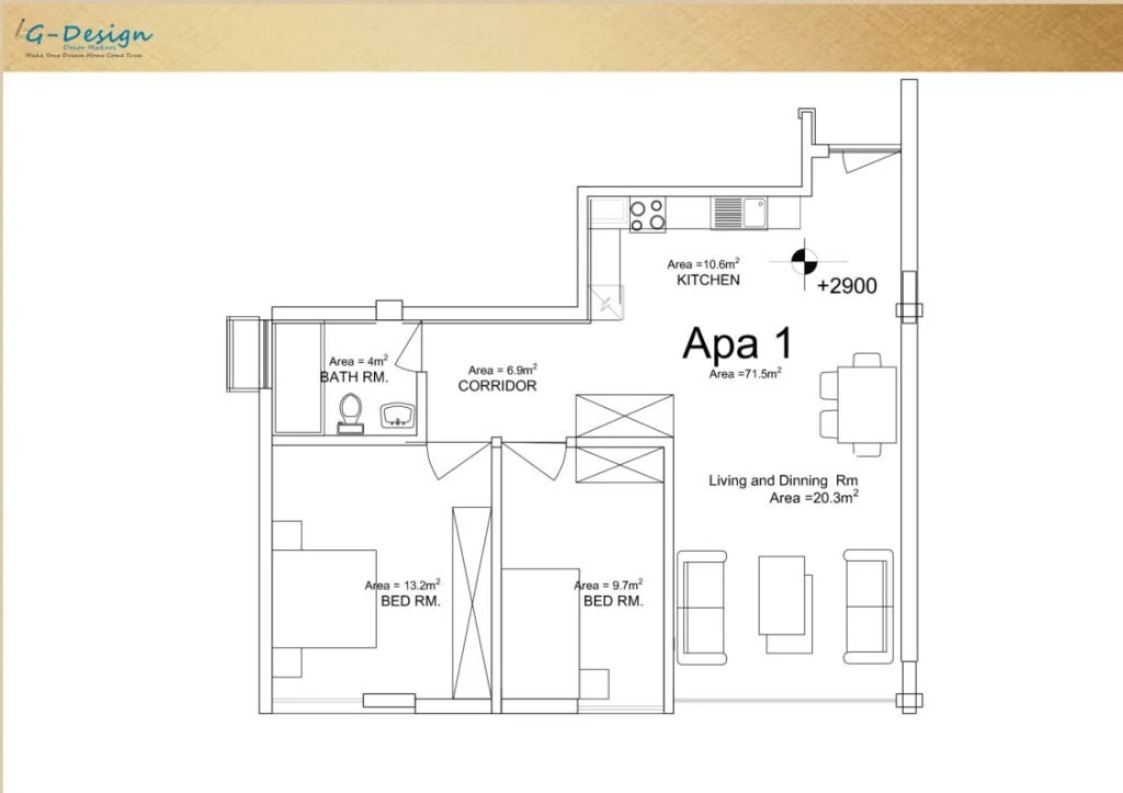 Apartment floor plan with rooms, walls, doors and furniture positions.