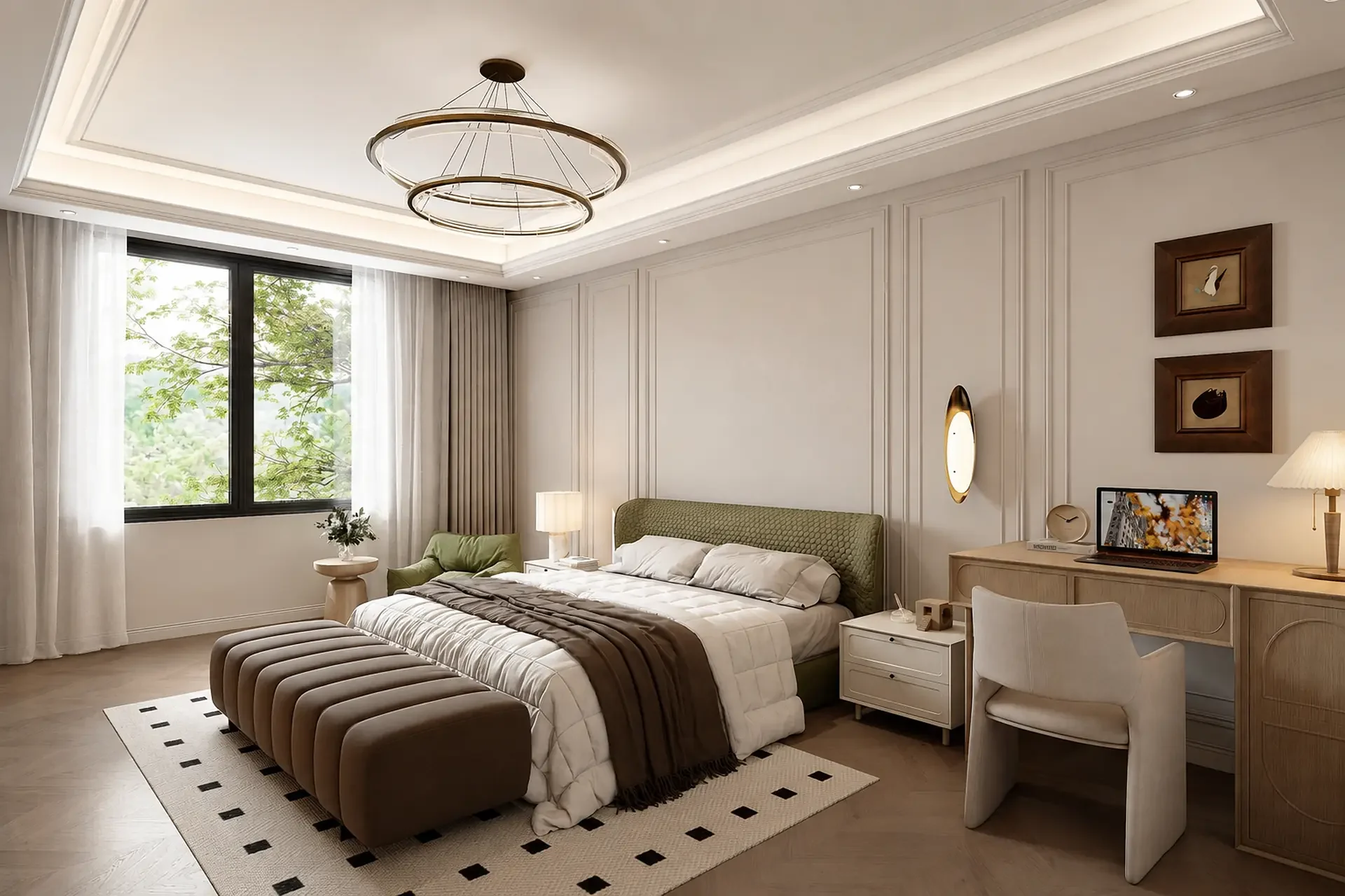 Light bedroom with a bed, bench, bedside cabinets and a small desk with chair
