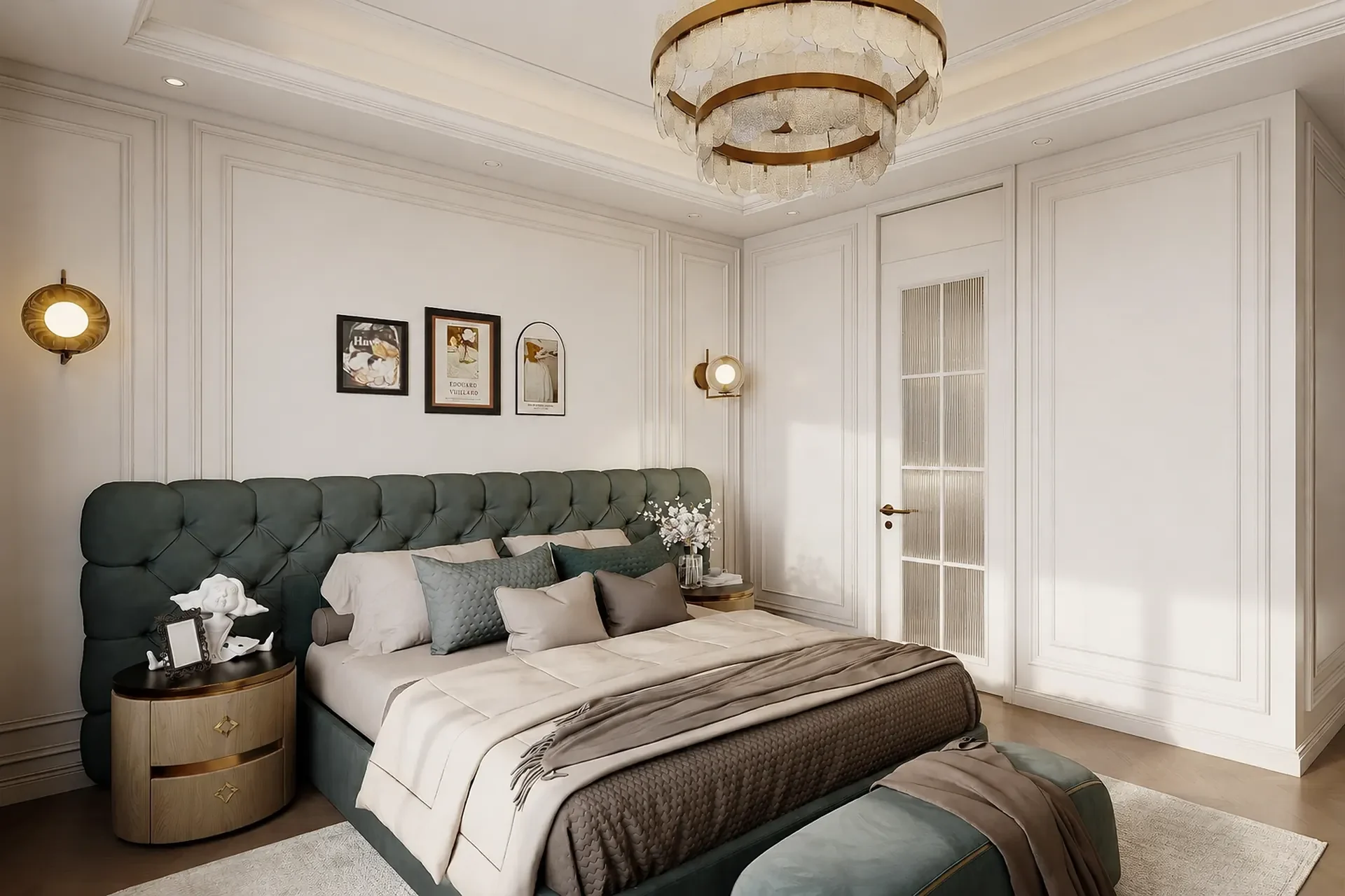 Bedroom with a double upholstered bed, a long tufted headboard, a round bedside cabinet and fitted doors
