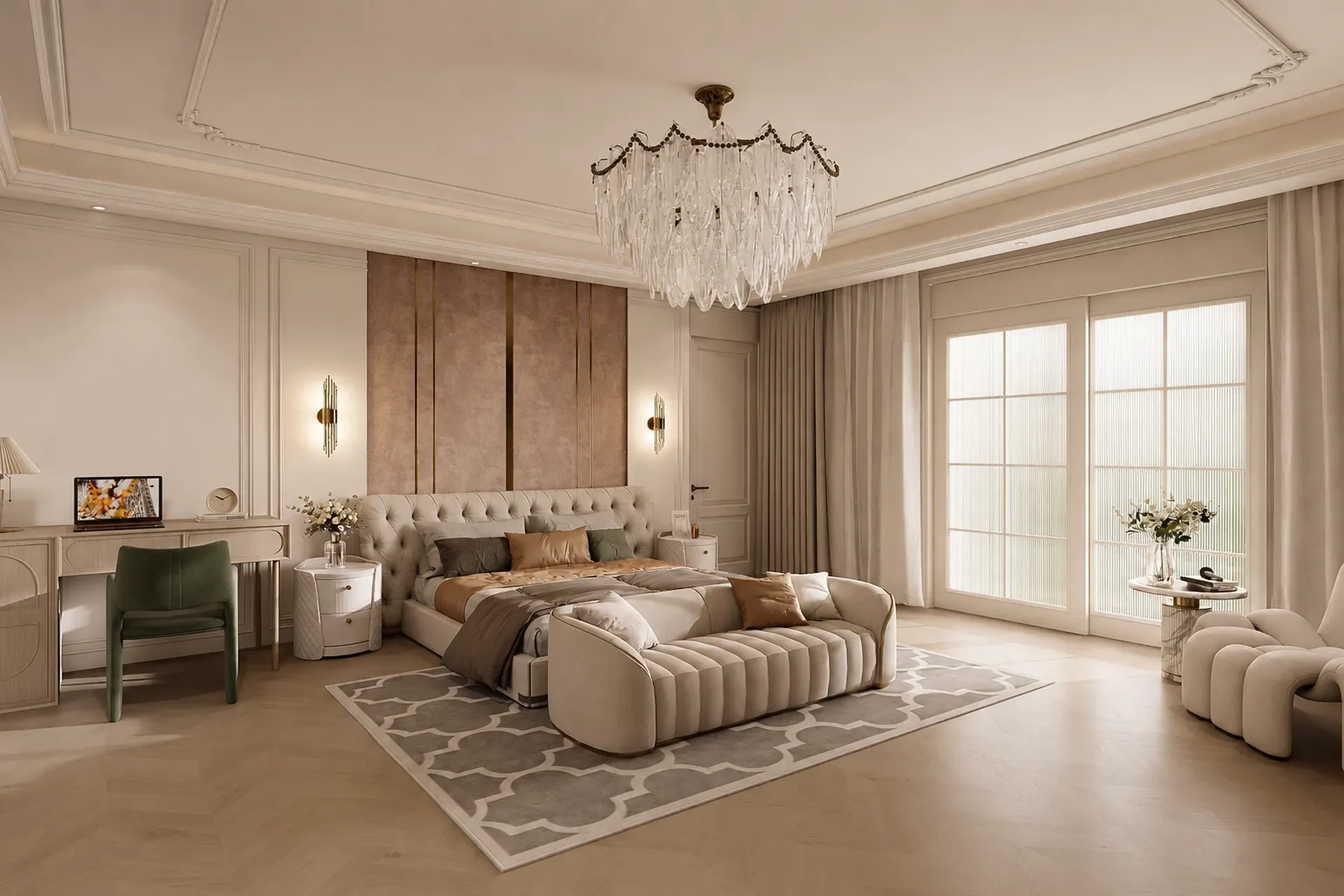 Spacious bedroom with bed, bedside tables, lounge seating and a dressing position