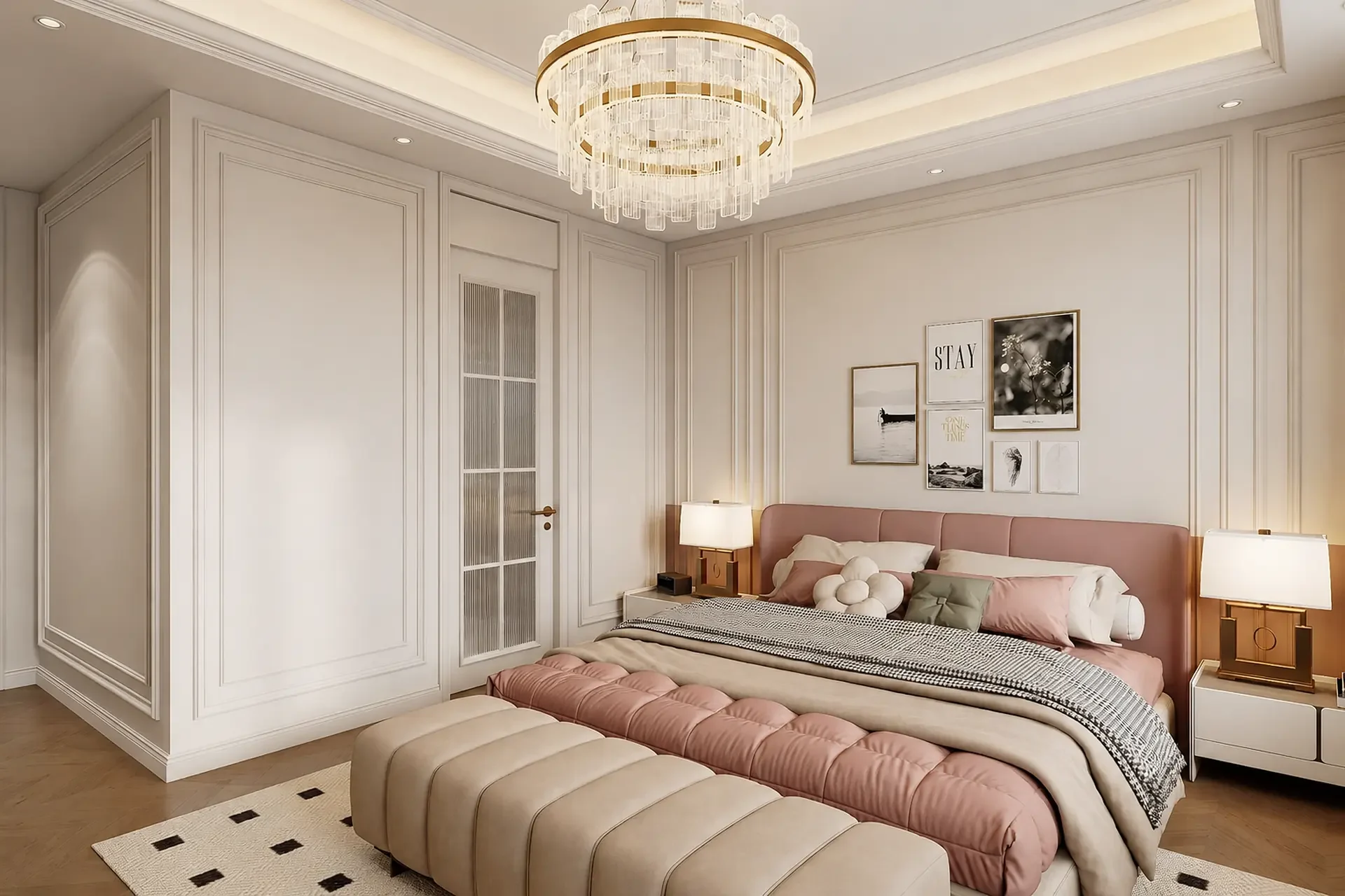 Pale bedroom with a pink upholstered bed, bench and wood bedside cabinet