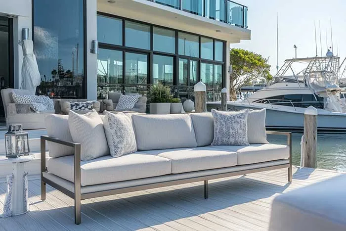 Pale outdoor sofa beside a marina with boats in the background.