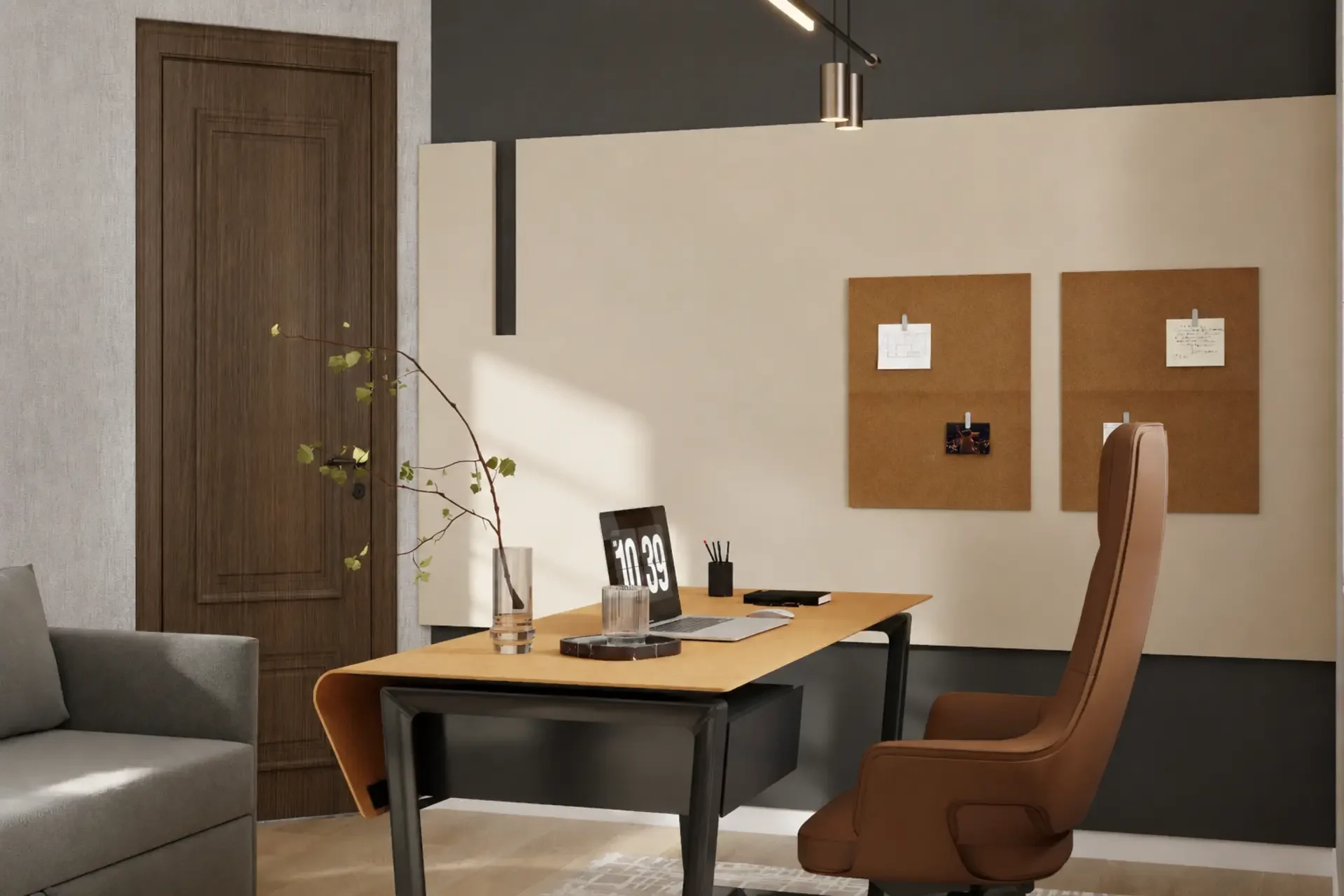 Compact home office with a writing desk and high-back chair