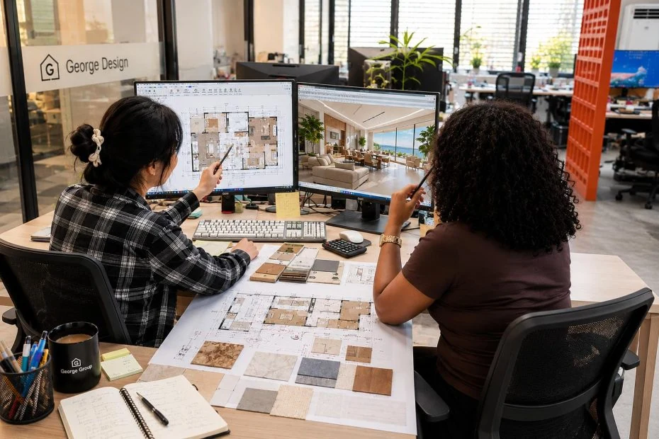 Two people reviewing room drawings and interior images at a design worktable.