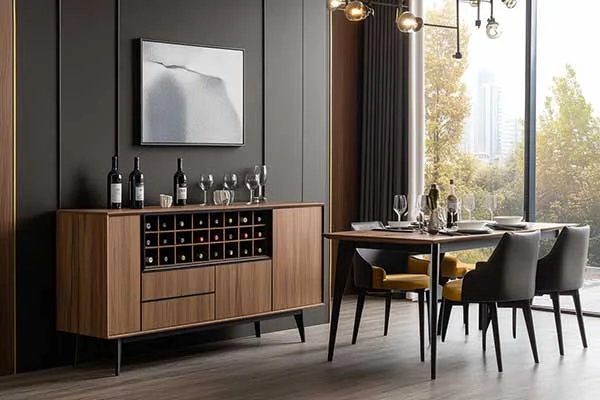 Wood sideboard with drawers and patterned fronts beside a dining table