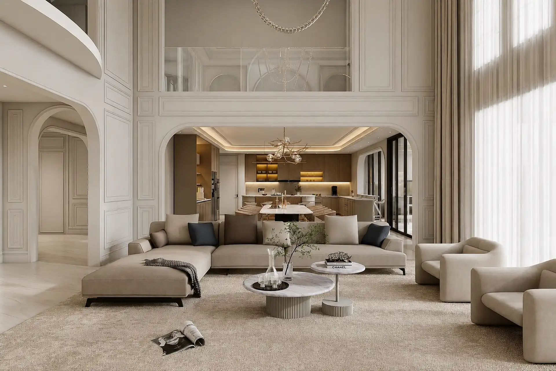 Double-height living room with several upholstered seating pieces and low tables.