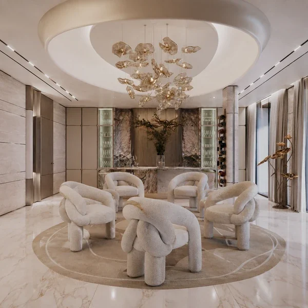 Formal round dining table surrounded by upholstered dining chairs