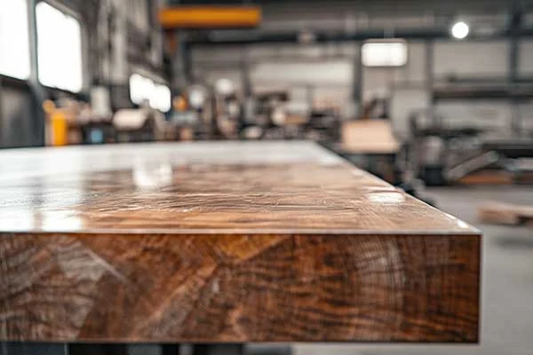 Close view of a glossy wood table edge with a blurred production area behind it