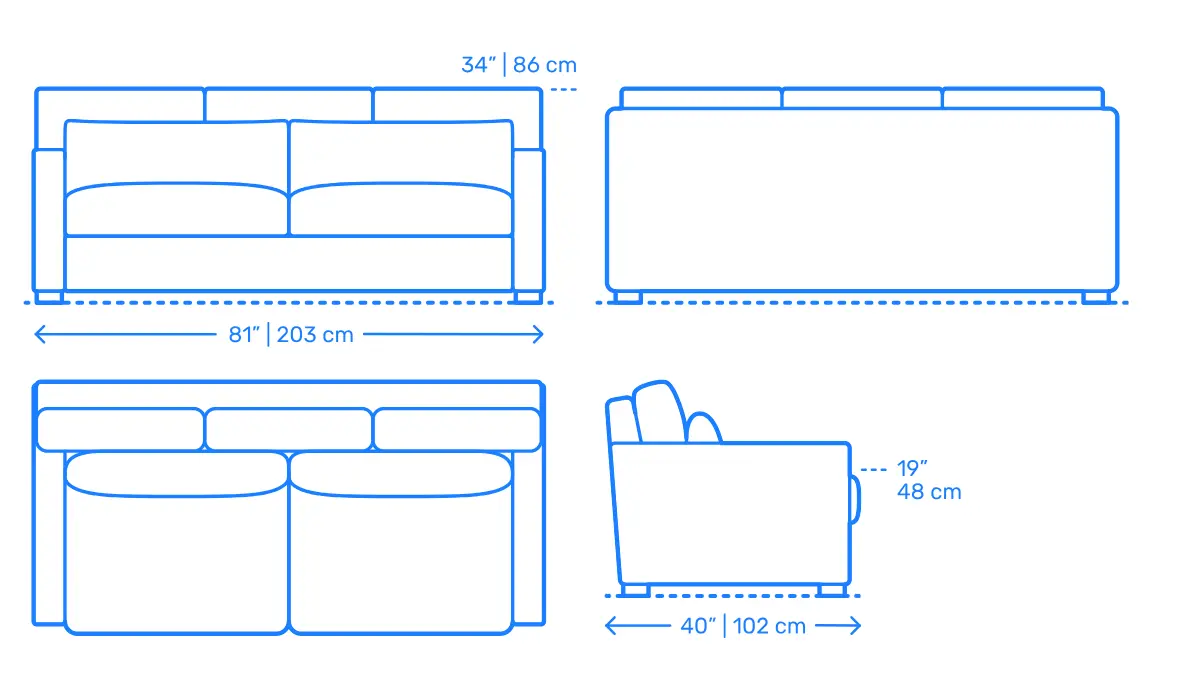 Four-view sleeper sofa planning illustration with overall width, height, depth and seat depth marked