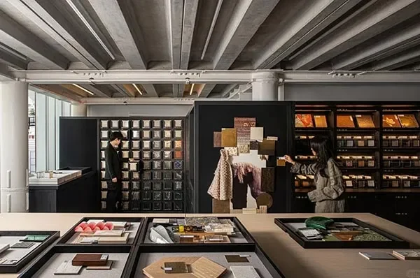 Interior material selection space with sample walls and display tables