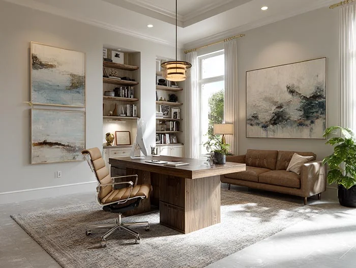 Bright home office with a wood desk, lounge seat and shelving around the walls