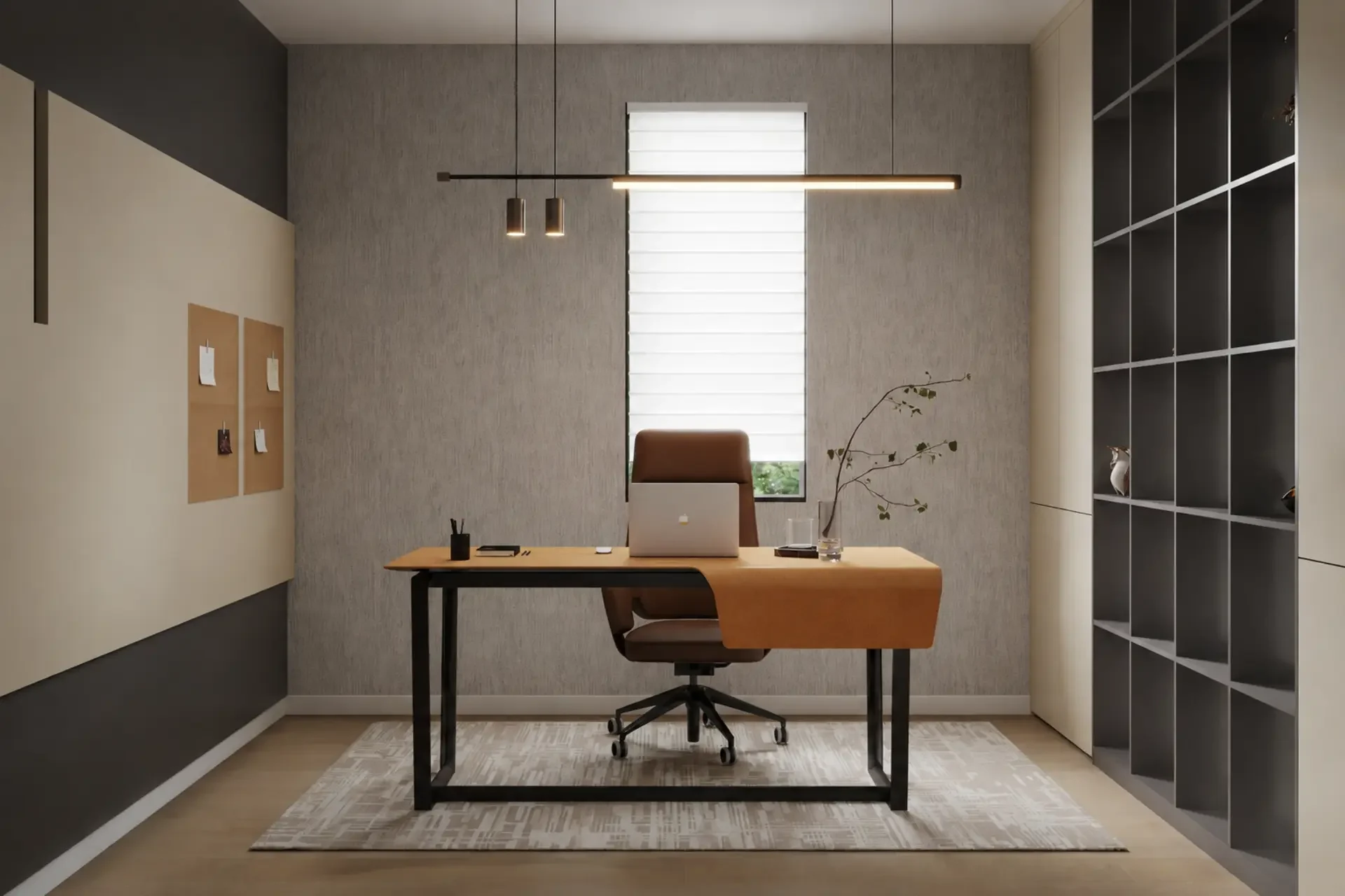 Home office with a desk and tall open shelving along the right wall