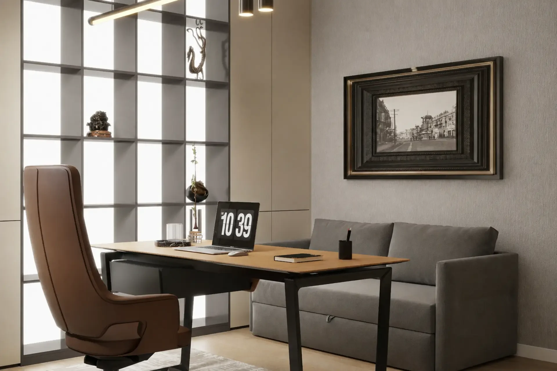 Home office with a desk, high-back chair, sofa and open wall shelves