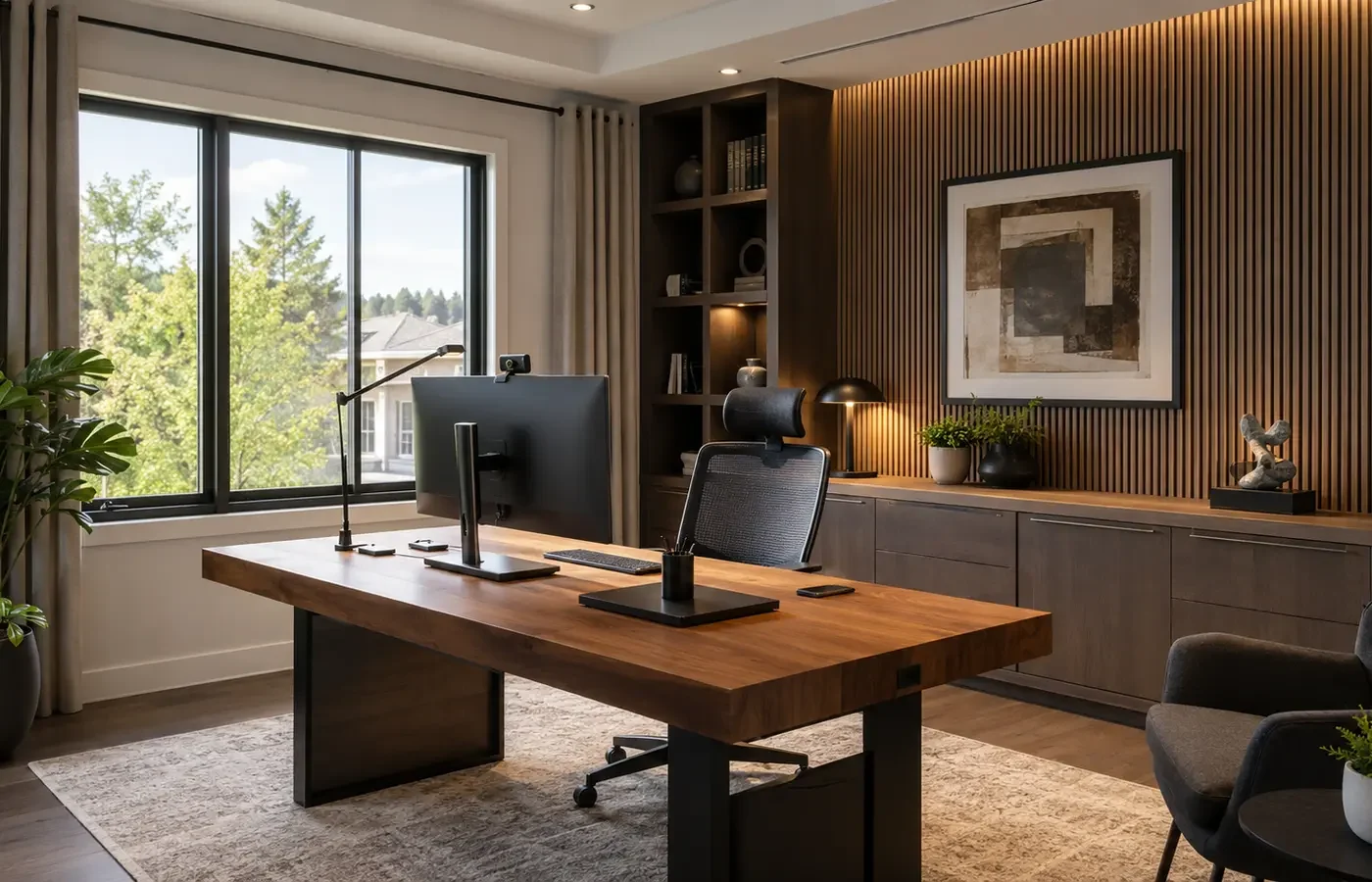 Home office with a wood desk, two monitors, side credenza and shelves