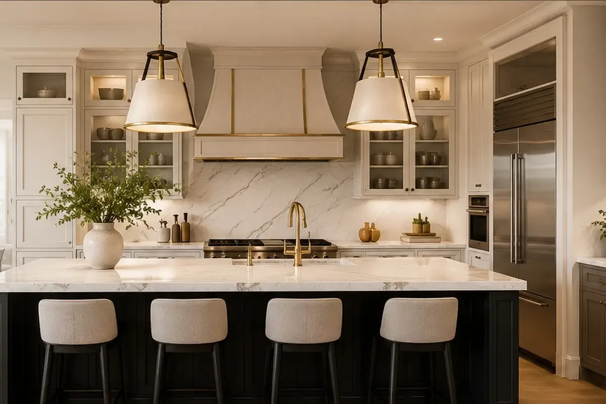 Kitchen island with four upholstered counter stools in an open room