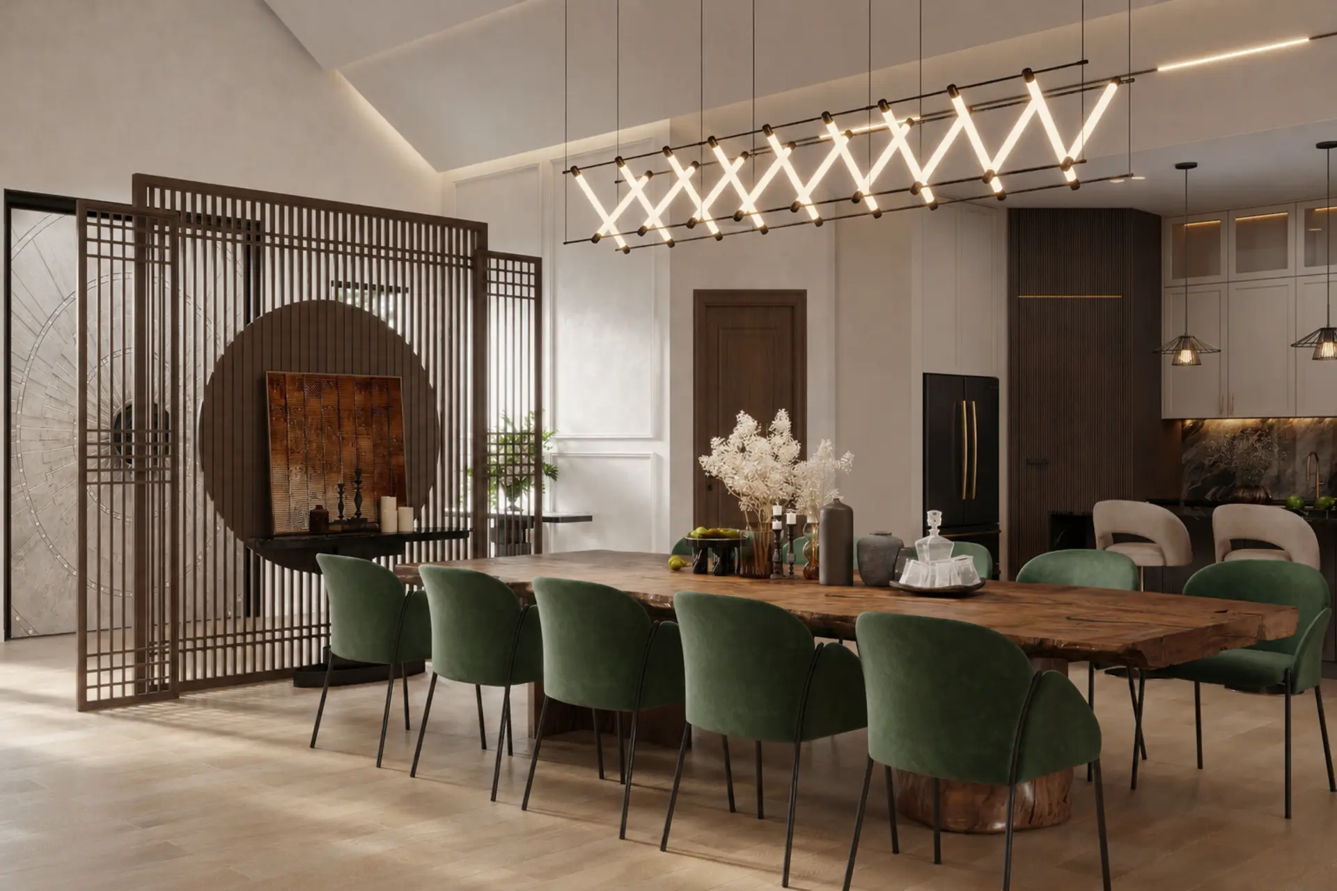 Dining table with green upholstered chairs in an open residential interior.