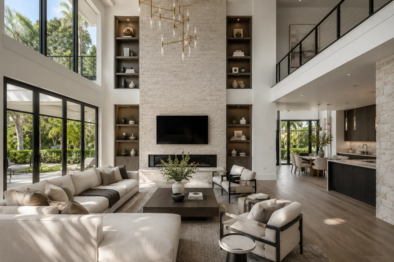 Double-height living room with pale sofas, lounge chairs, low tables and large windows.