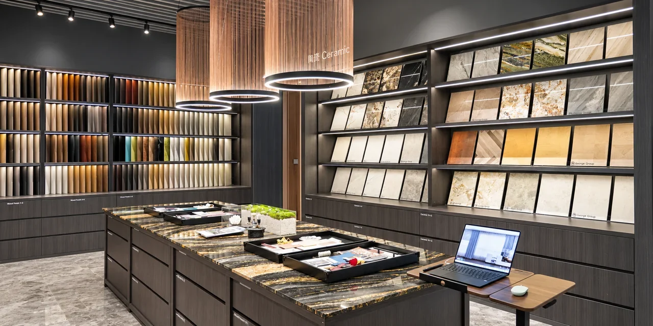 Showroom with rows of material and finish samples displayed on walls and tables
