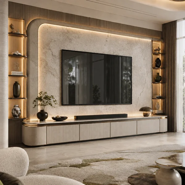 Low pale media cabinet beneath a wall-mounted television with shelves at each side.