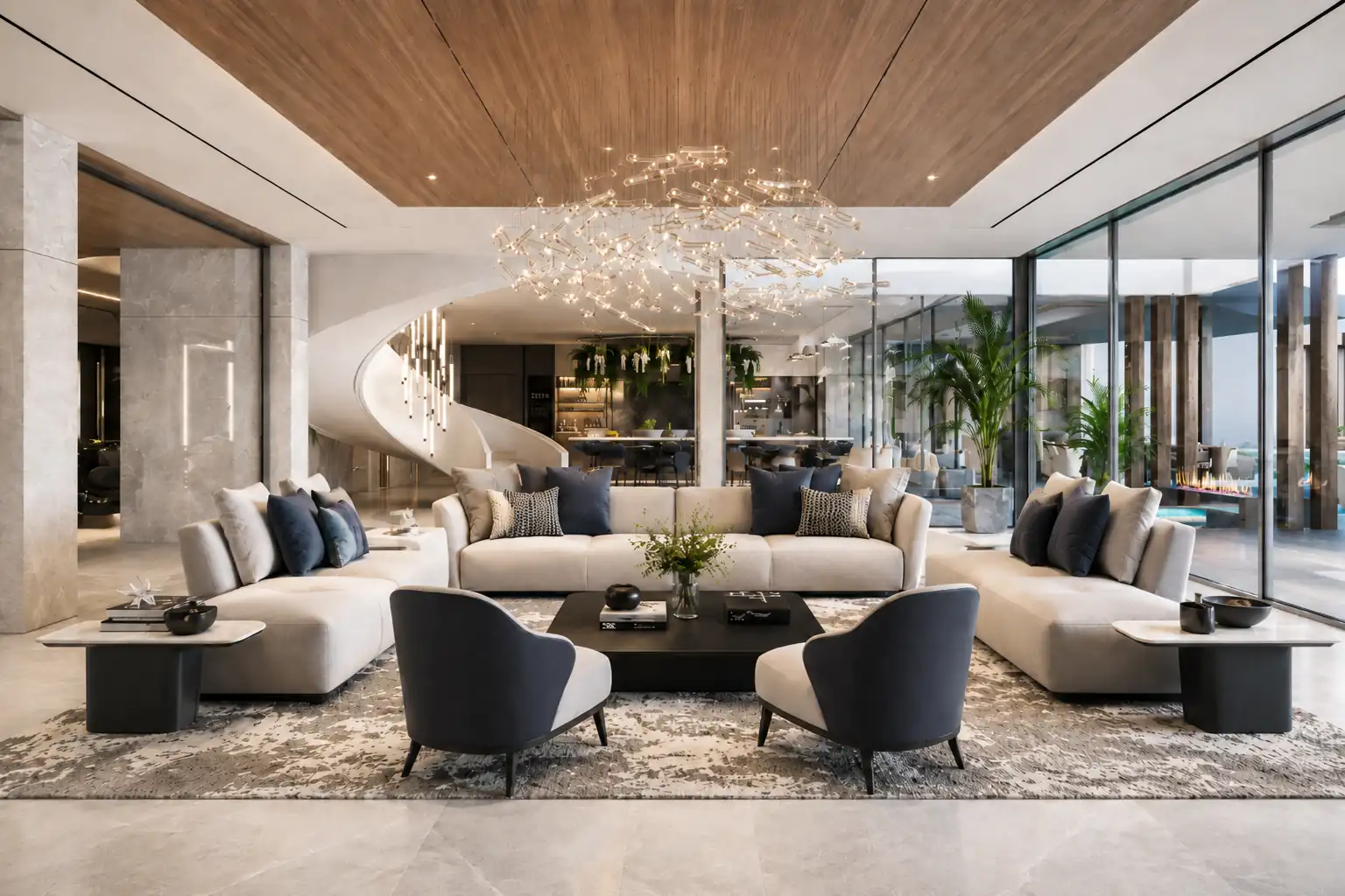Open residential living room with sofas, lounge chairs, low tables and floor-to-ceiling glazing.
