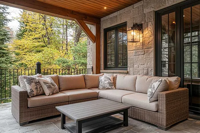 Covered terrace with upholstered outdoor sofas and a rectangular coffee table.