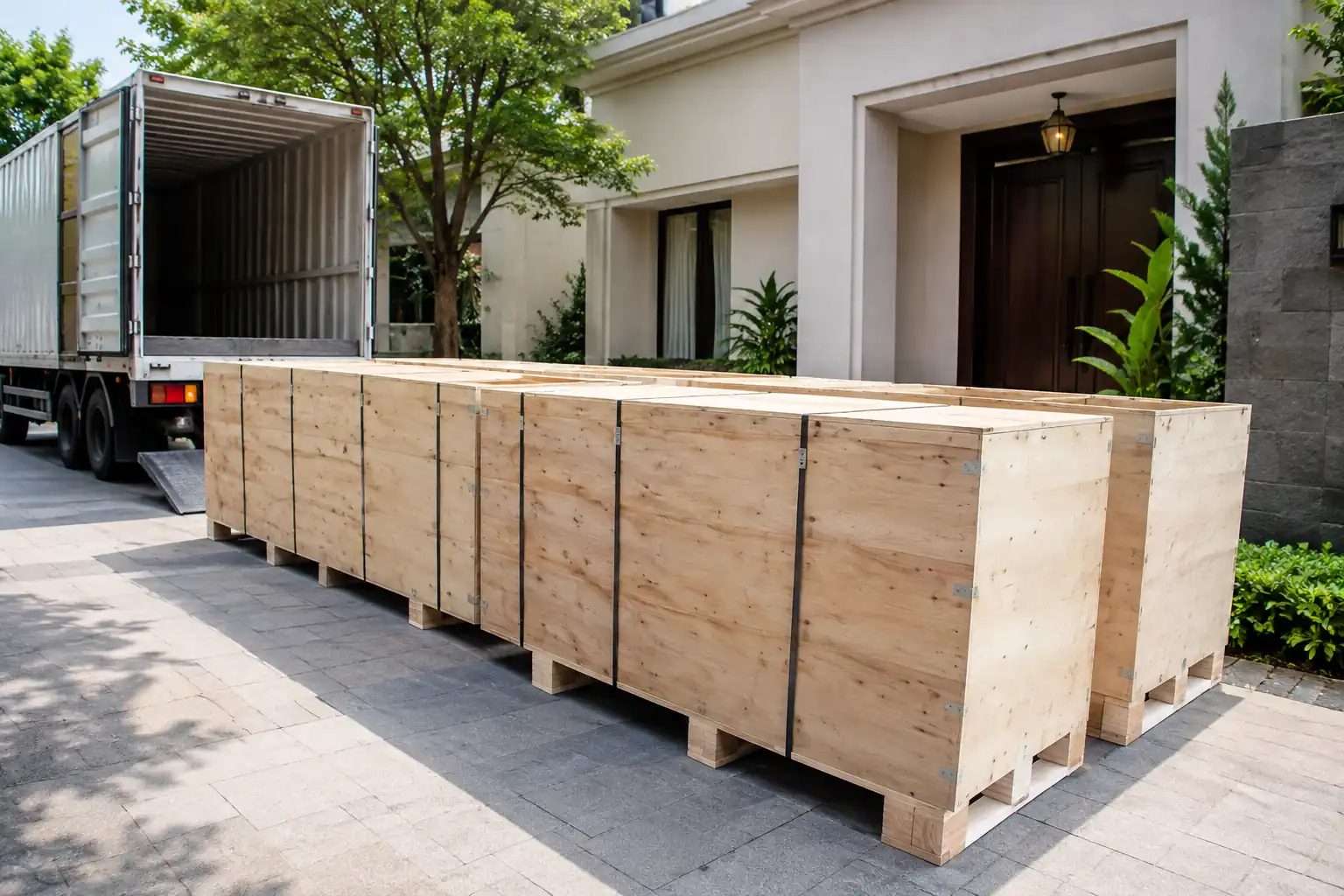 Large timber shipping crates beside a delivery truck outside a residence.