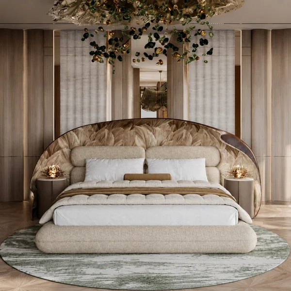Bedroom composition with an upholstered bed, wraparound headboard, bench and two bedside tables