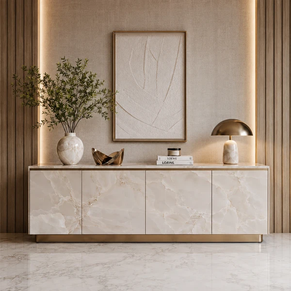 Pale freestanding sideboard with a geometric front against a timber wall.