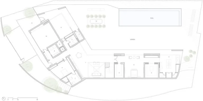Pale architectural floor plan of a villa and swimming pool