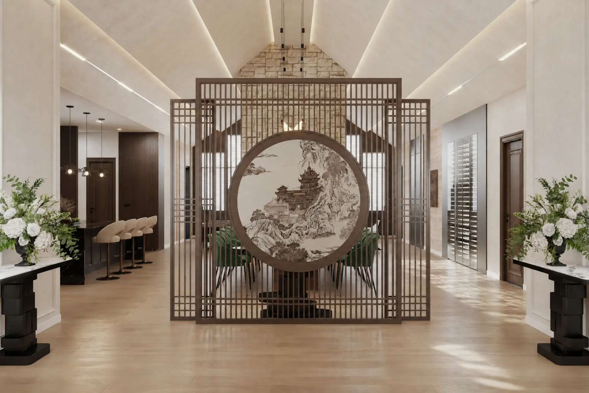 Villa interior with decorative screen, open passage and living seating beyond.