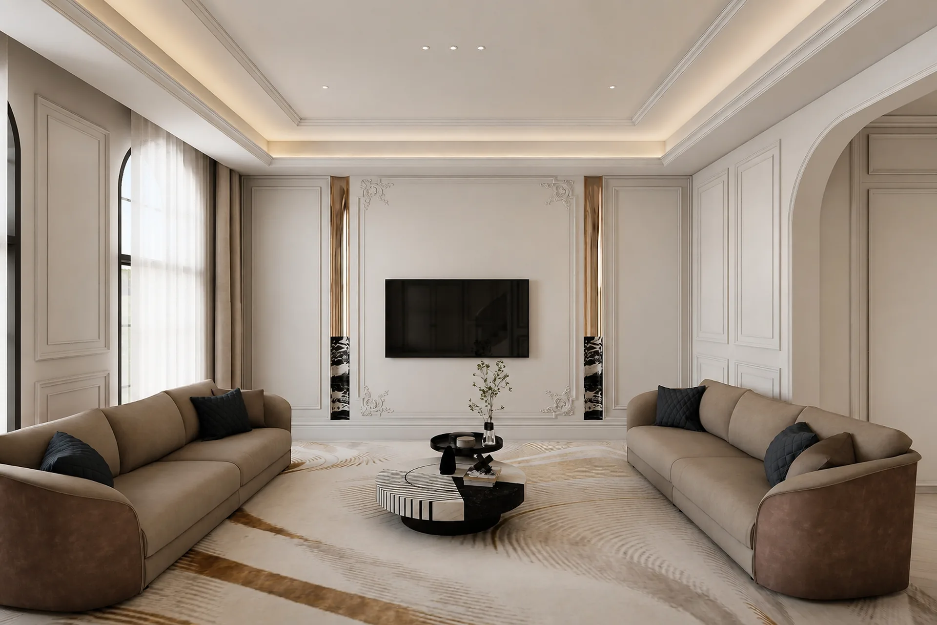 Formal living room with two facing sofas and a central coffee table.