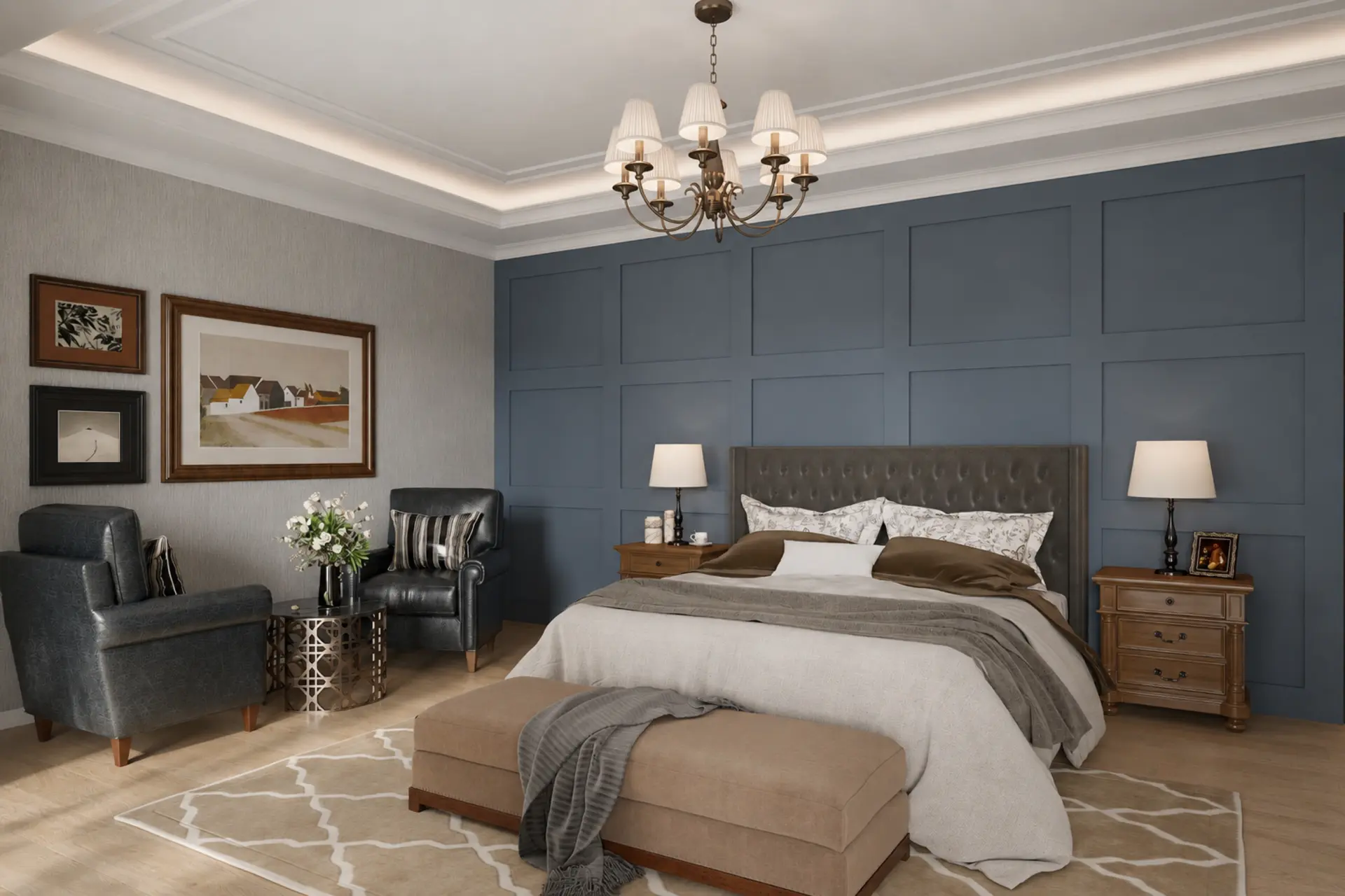 Villa bedroom with bed, bench, armchair and bedside tables.